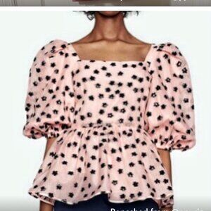 Stine Goya Irene Puff Sleeve Peplum Top Meadow Pink Blush Sz L Babydoll Coquette